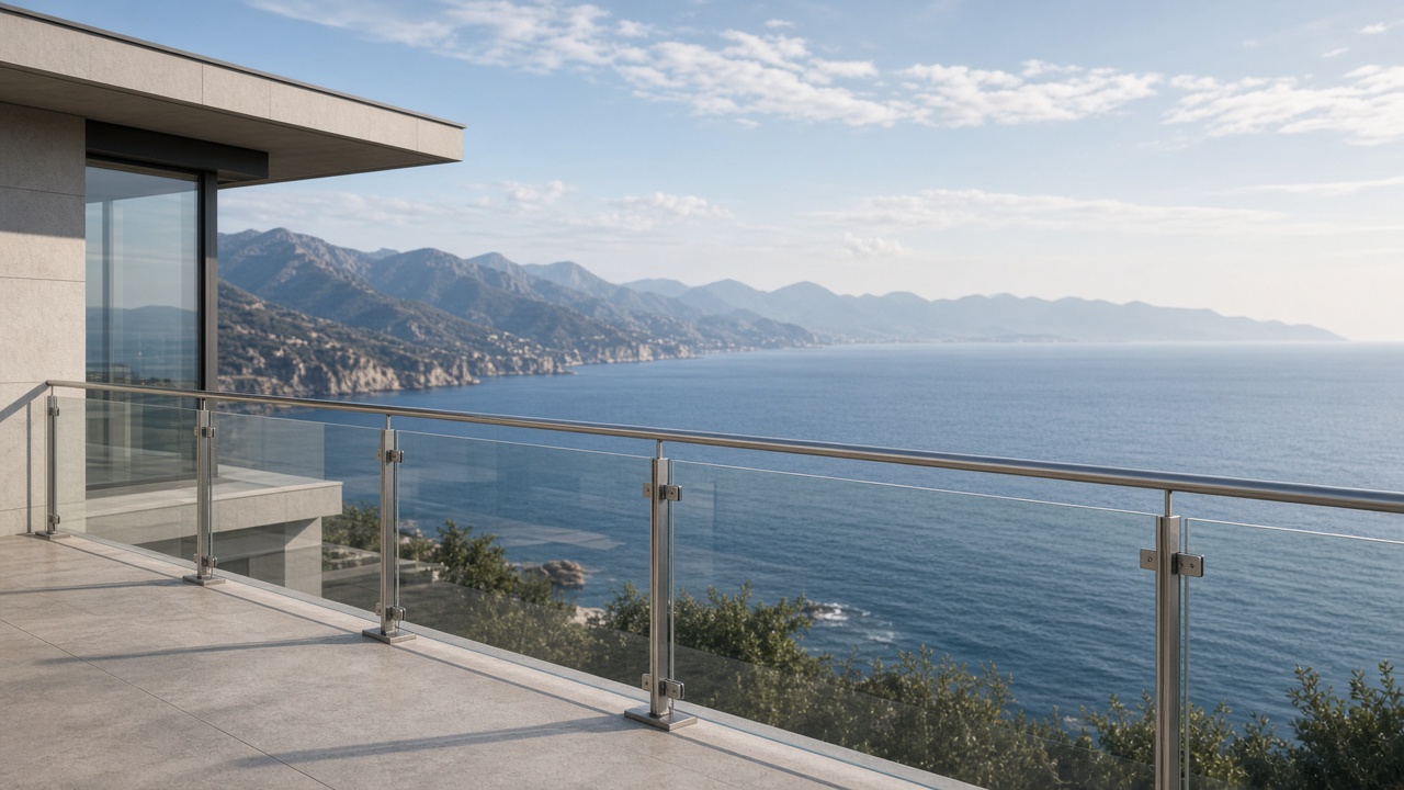 Современные стеклянные ограждения террасы в минималистичной архитектуре с видом на море и горы Краснодарского края
