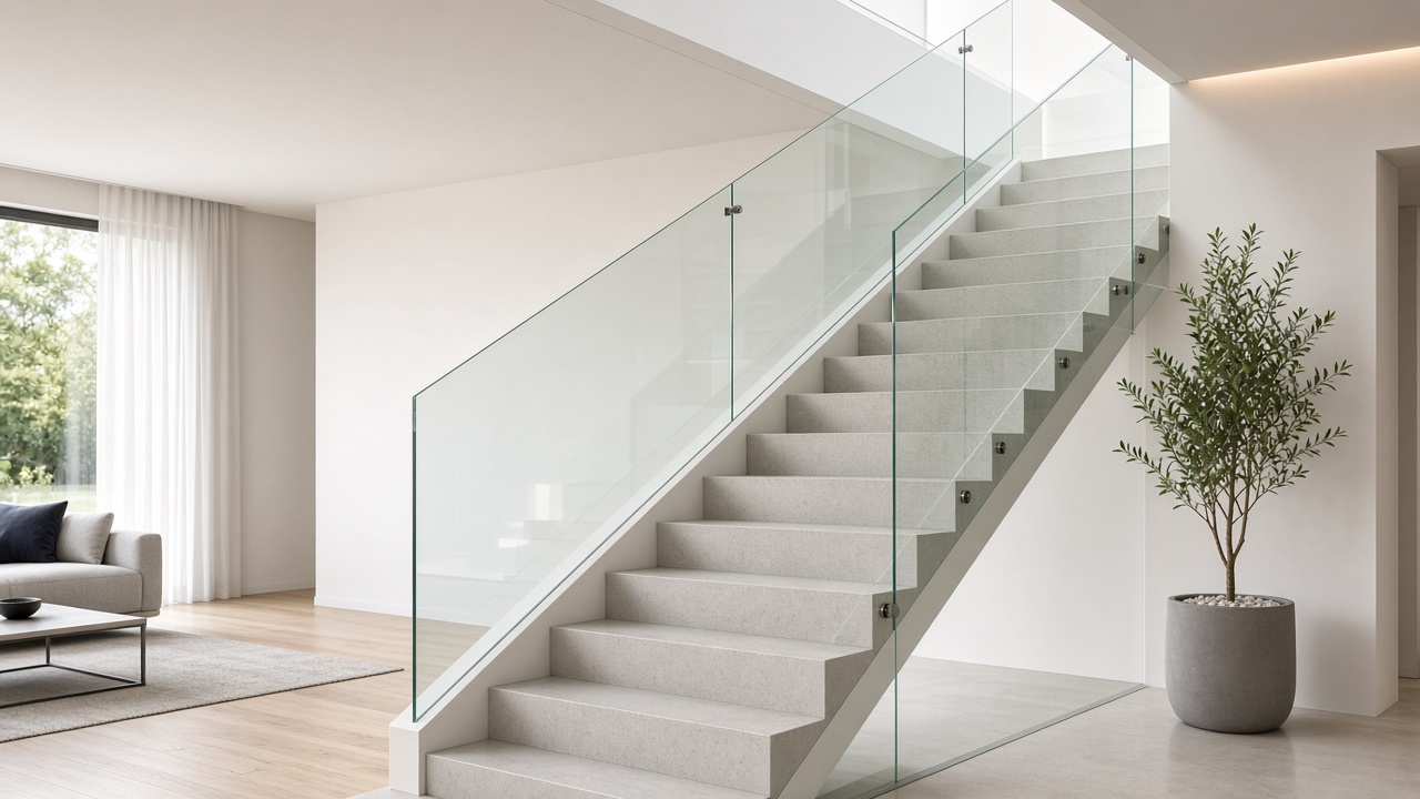 Стеклянное ограждение лестничного марша и площадки в светлом современном интерьере Стеклянное ограждение лестничного марша и площадки в светлом современном интерьере